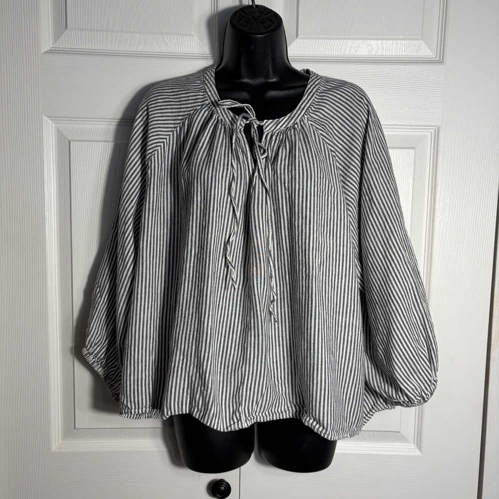A New Day Striped Linen Blend Blouse Women XL Navy White Tie Keyhole Neck Shirt